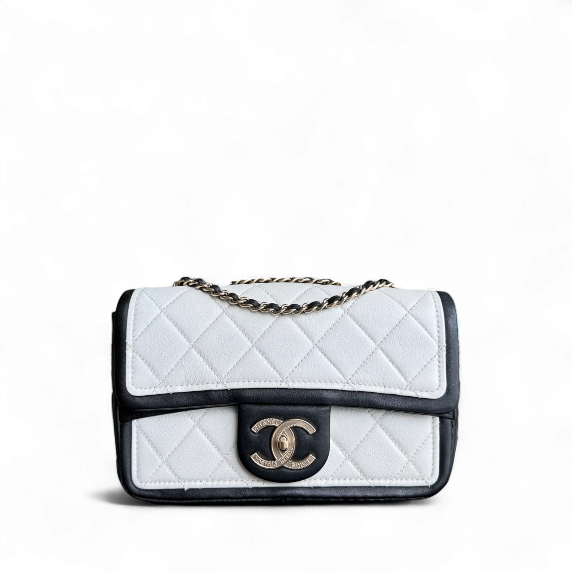 Chanel Seasonal Flap - 23CM Quilted Lambskin Bi-Color White Black Gold Hardware Series 19