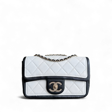 Chanel Seasonal Flap - 23CM Quilted Lambskin Bi-Color White Black Gold Hardware Series 19