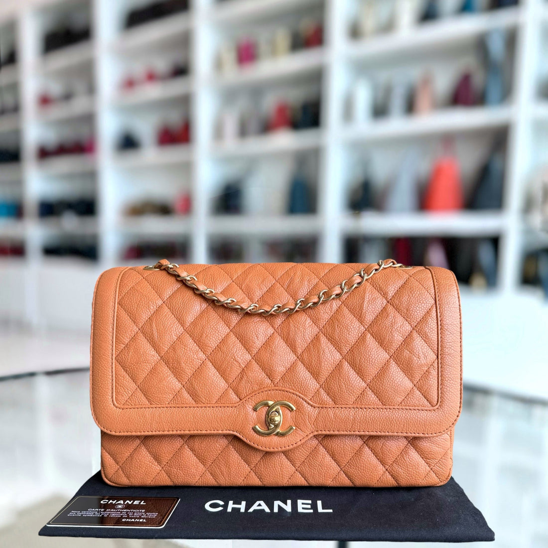 Chanel Seasonal Flap Two-tone - Caviar Quilted Caramel Orange Gold Hardware Series 21