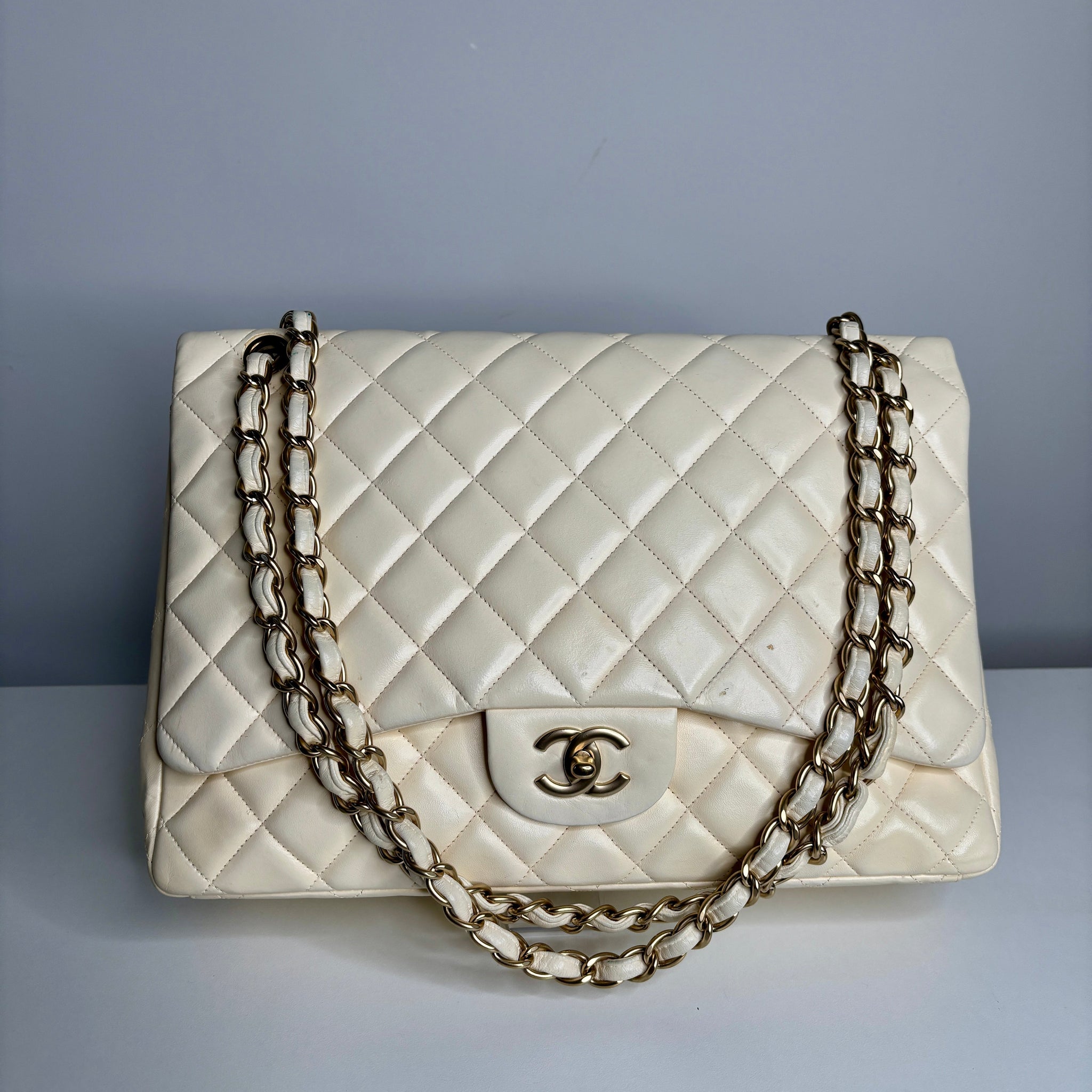 Chanel Classic Maxi Cream Calfskin Shoulder Flap Bag - Preloved
