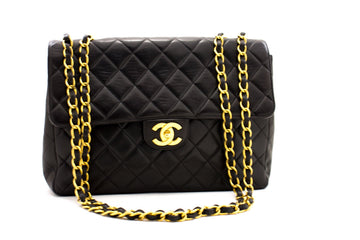 CHANEL Jumbo 11" Large Chain Shoulder Bag Flap Black Lambskin Gold f35