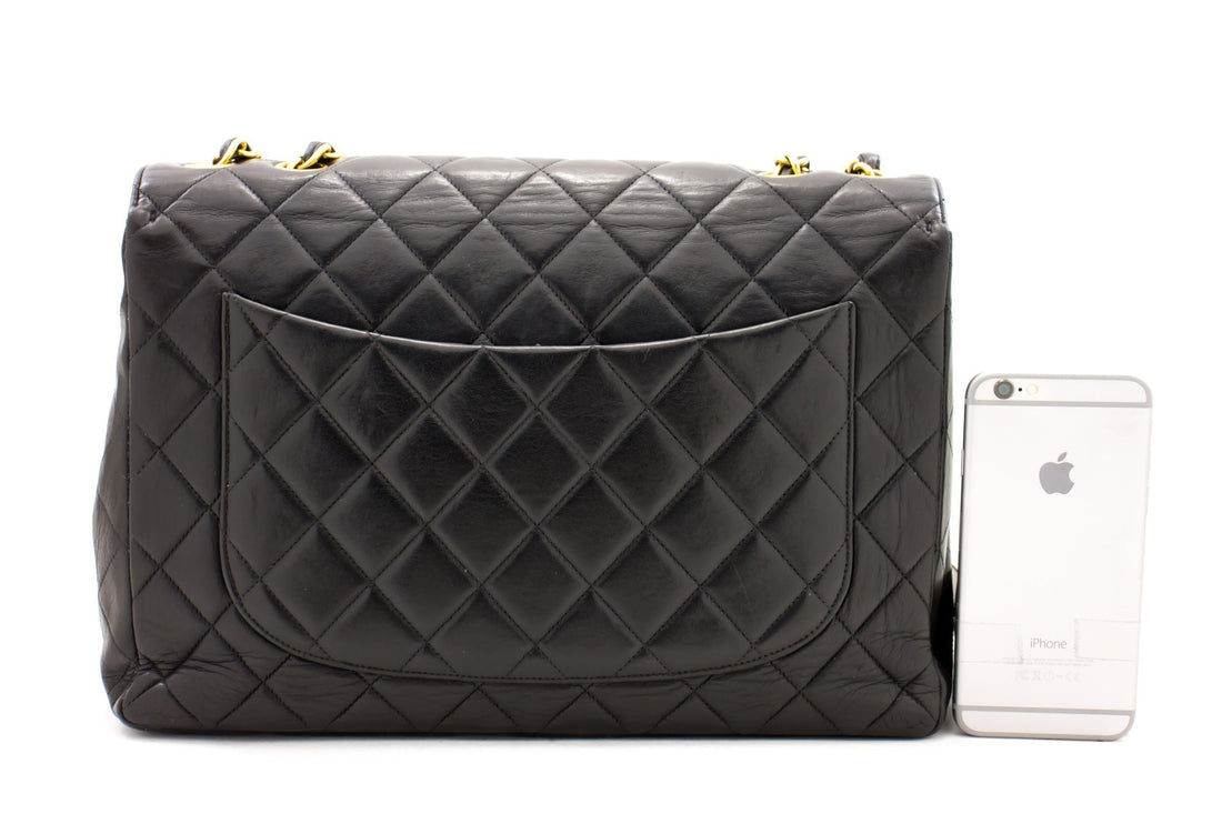 CHANEL Jumbo 11" Large Chain Shoulder Bag Flap Black Lambskin Gold f35