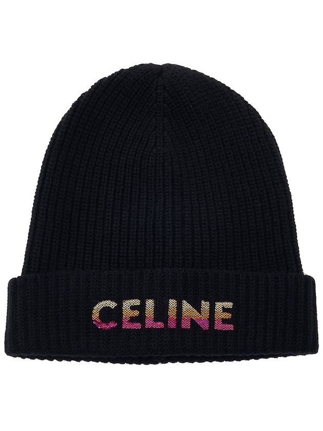 CELINE Embroidered Logo Wool Beanie Black