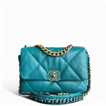 Chanel 19 Bag Small - Quilted Goatskin Green Blue Two-tone Hardware Series 30