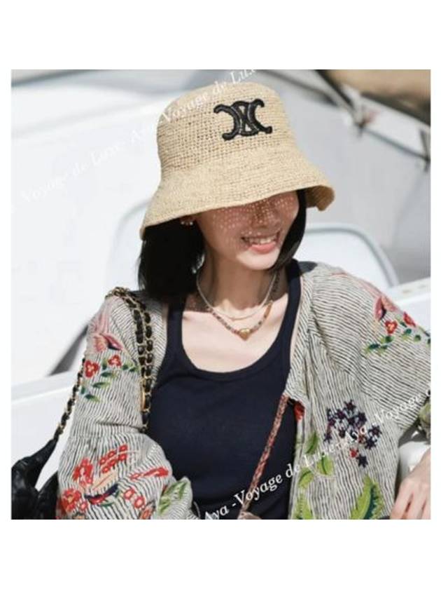 CELINE Triomphe Raffia Bucket Hat Natural Black
