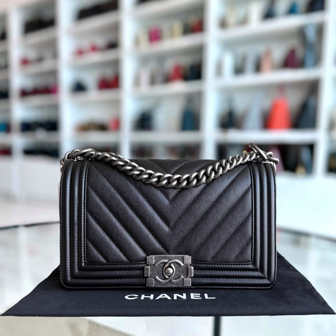 Chanel Boy Medium - Caviar 25CM Chevron Black Ruthenium Silver Hardware Series 24