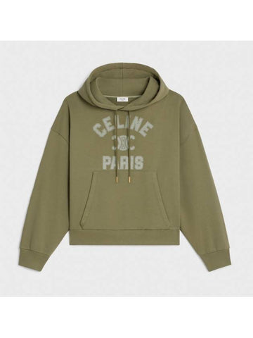 CELINE Logo Print Cotton Fleece Loose Hoodie KhakI