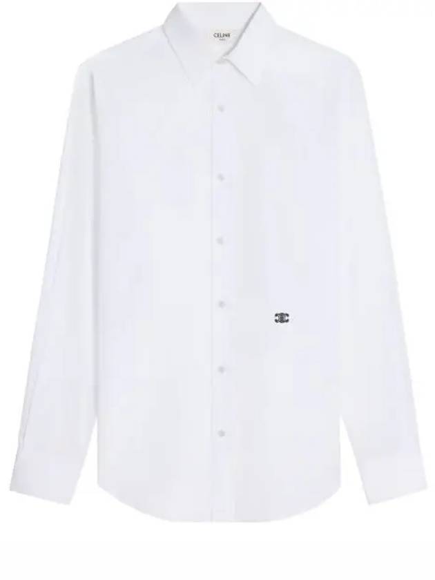 CELINE Triomphe Embroidered Poplin Cotton Long Sleeve Shirt White