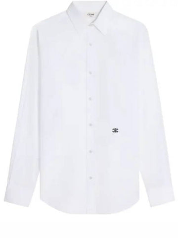 CELINE Triomphe Embroidered Poplin Cotton Long Sleeve Shirt White