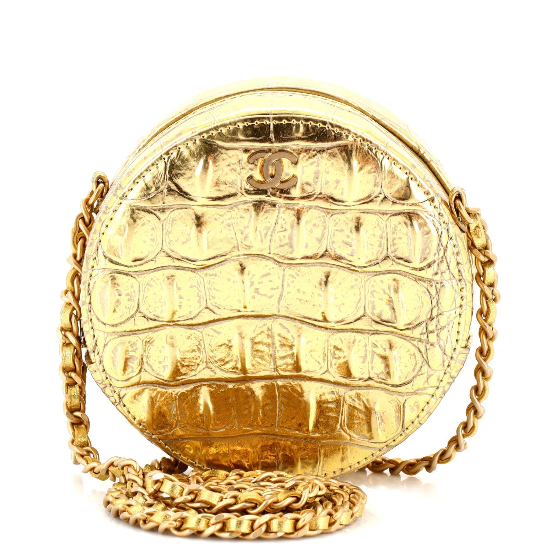 CHANEL Round Clutch with Chain Crocodile Embossed Metallic Calfskin