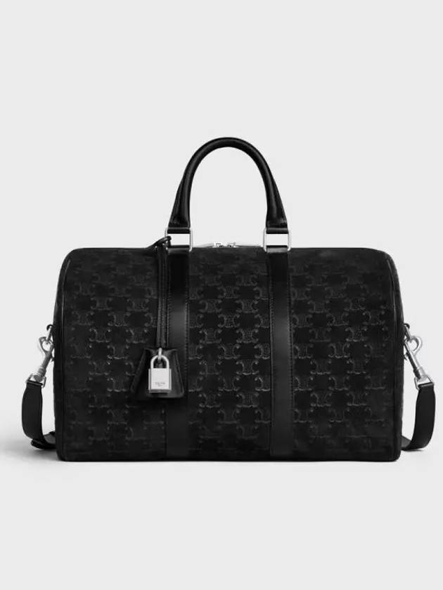 CELINE Large Boston Suede Calfskin Triomphe Embossed Duffle Bag Black