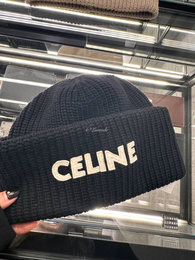 CELINE Logo Ribbed Wool Beanie Black