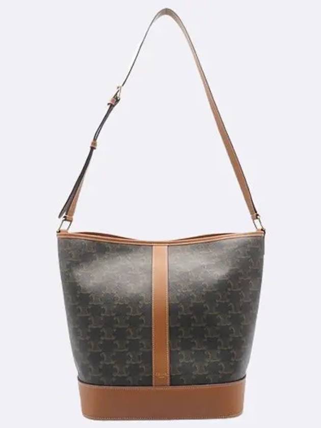 CELINE 191132 Triope Canvas Brown Calfskin Medium Bucket Shoulder Bag