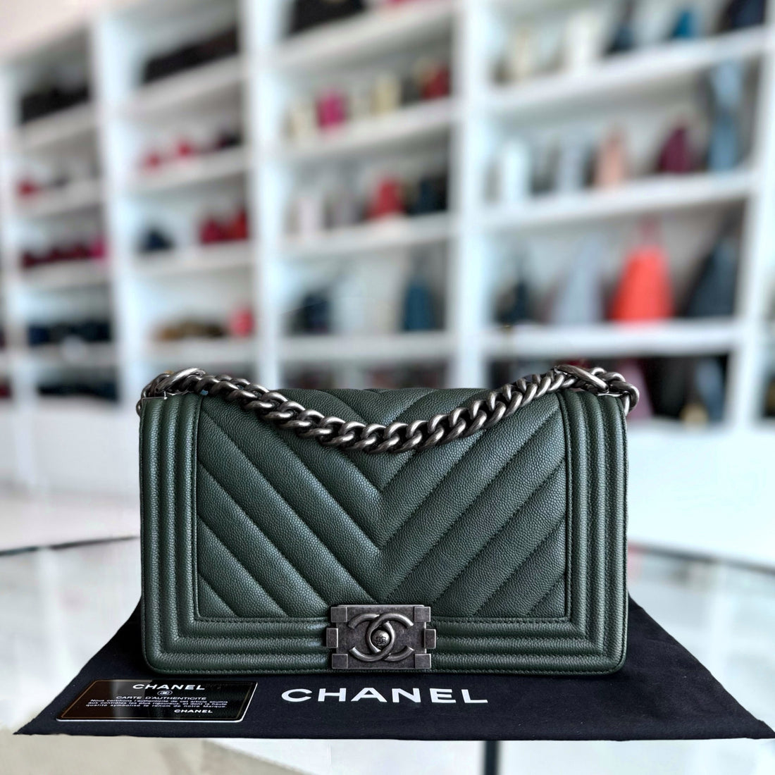 Chanel Boy Medium - Caviar 25CM Chevron Dark Green Ruthenium Silver Hardware Series 26