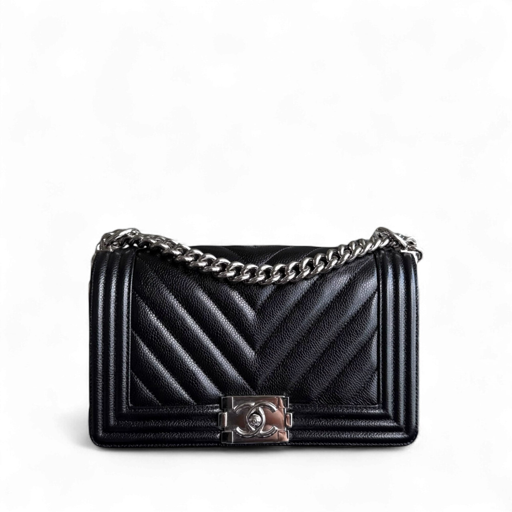 Chanel Boy Medium - Caviar 25CM Chevron Black Silver Hardware Series 29