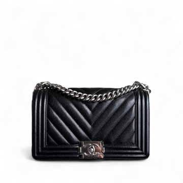 Chanel Boy Medium - Caviar 25CM Chevron Black Silver Hardware Series 29