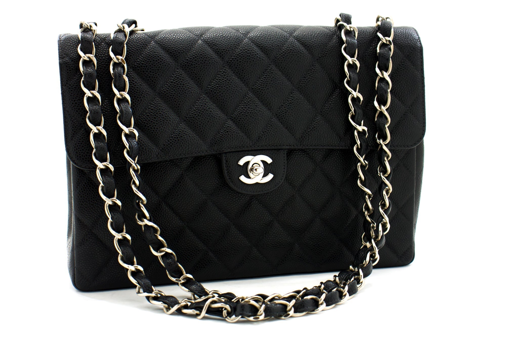 CHANEL Classic Large 11" Chain Shoulder Bag Black Grained Calfskin h58