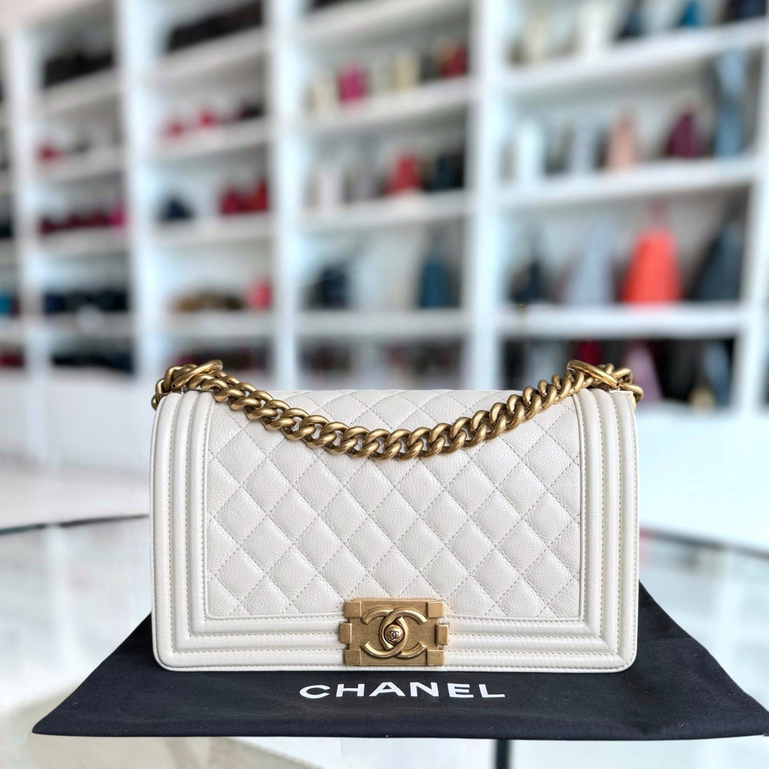 Chanel Boy Medium - Calfskin 25CM Quilted Cream White Aged Gold Hardware Series 20
