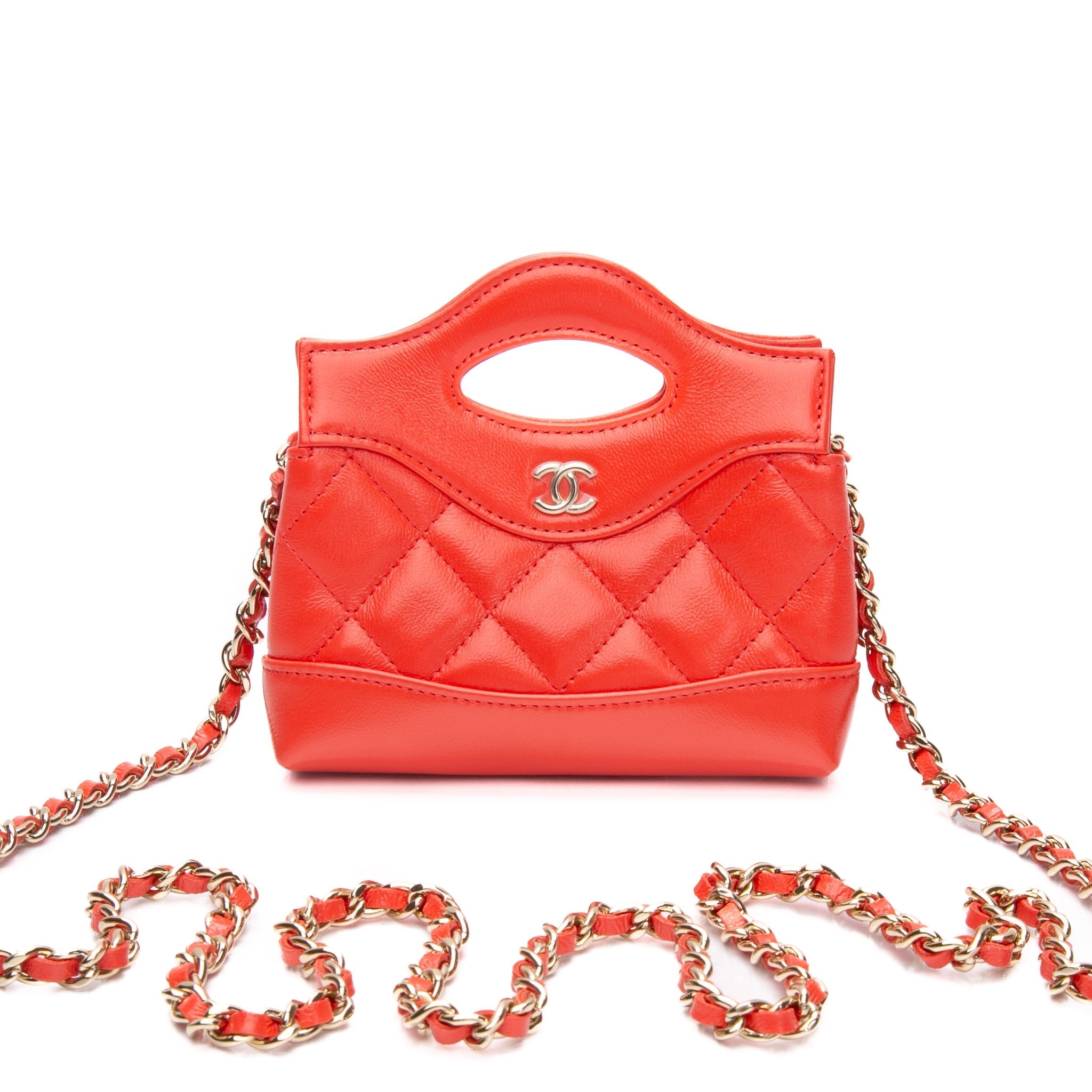 CHANEL Coral Red Shiny Lambskin Quilted Mini 31 Clutch with Chain (New)