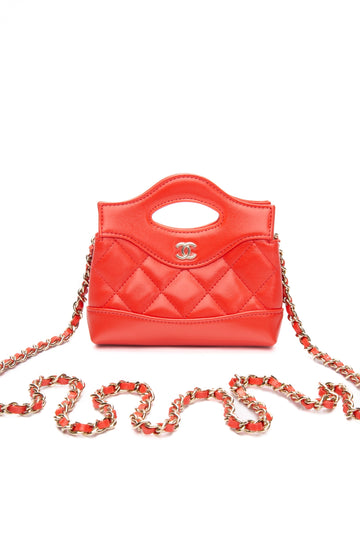 CHANEL Coral Red Shiny Lambskin Quilted Mini 31 Clutch with Chain (New)