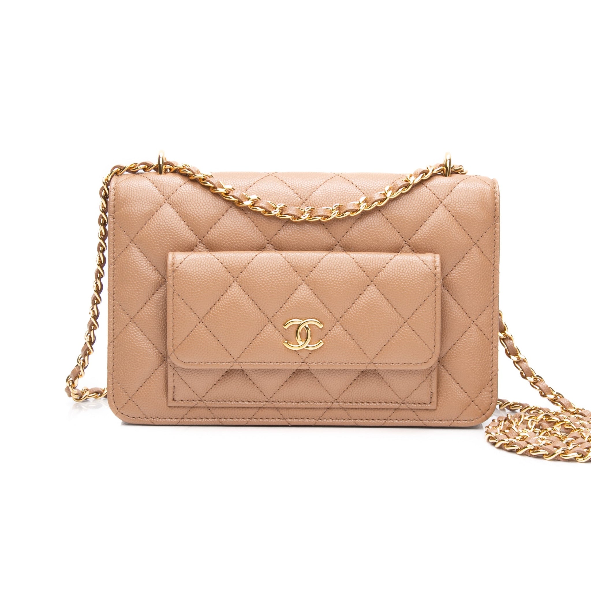 CHANEL Beige Caviar Quilted Pocket Clutch Wallet On Chain WOC