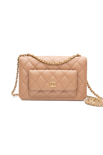 CHANEL Beige Caviar Quilted Pocket Clutch Wallet On Chain WOC