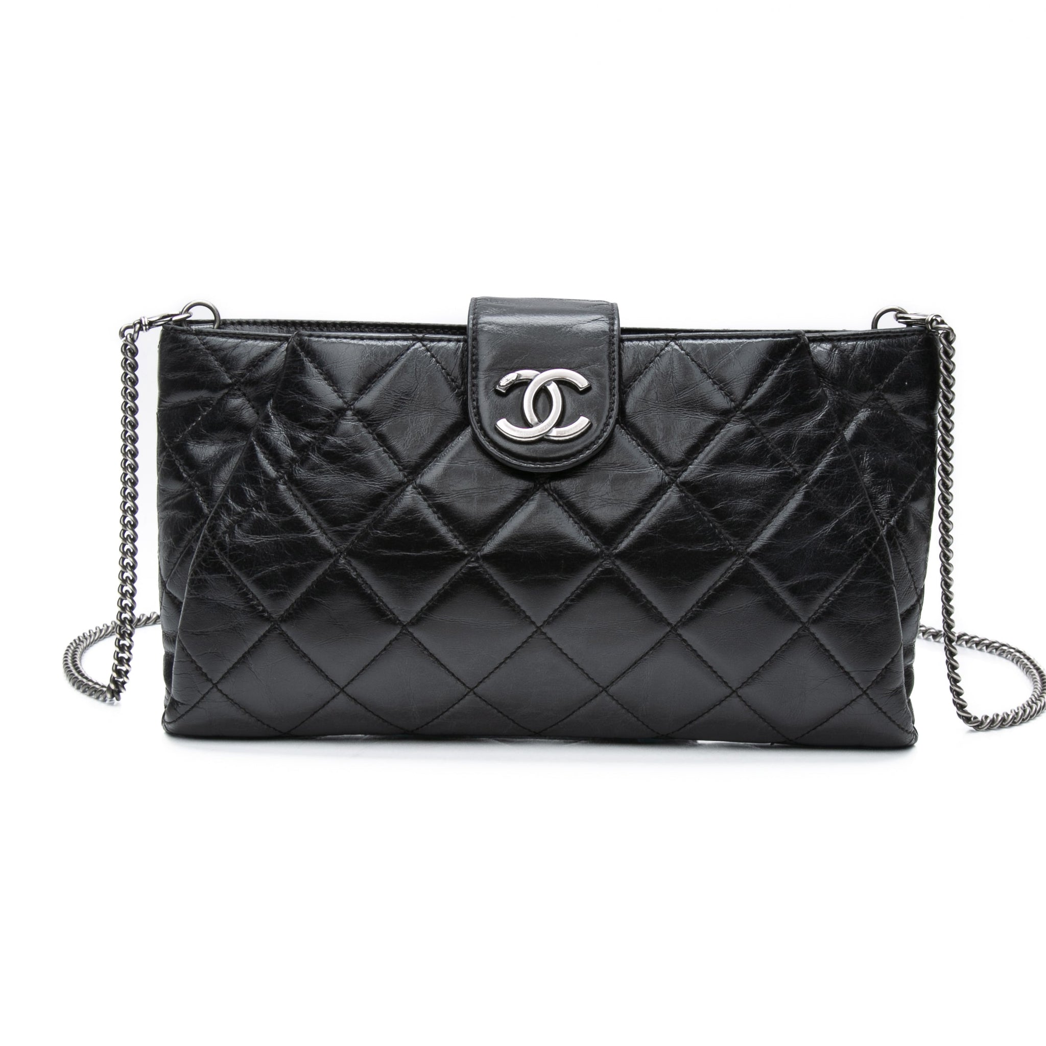 CHANEL Black Glazed Calfskin Quilted Coco Pleats Chain Clutch Bag