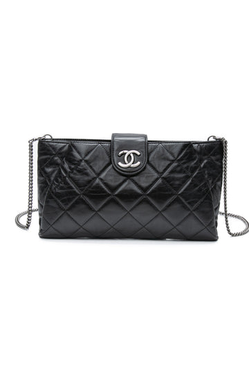 CHANEL Black Glazed Calfskin Quilted Coco Pleats Chain Clutch Bag