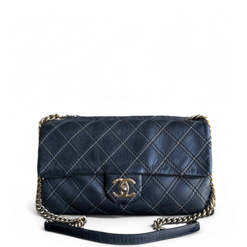 Chanel Seasonal Flap - Iridescent Stitch Quilted Leather Dark Blue Gold Hardware Series 19
