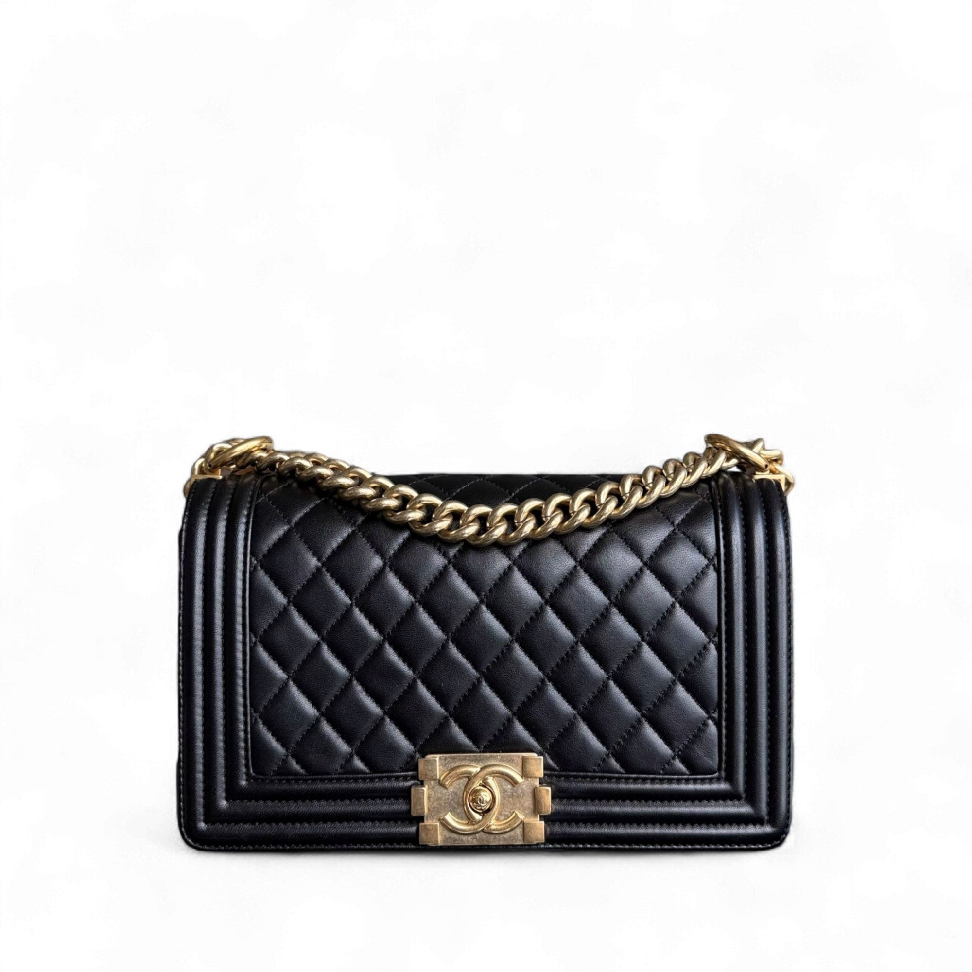 Chanel Boy Medium - 25CM Quilted Lambskin Black Gold Hardware Series 23