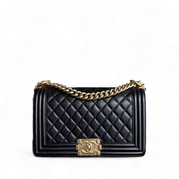 Chanel Boy Medium - 25CM Quilted Lambskin Black Gold Hardware Series 23