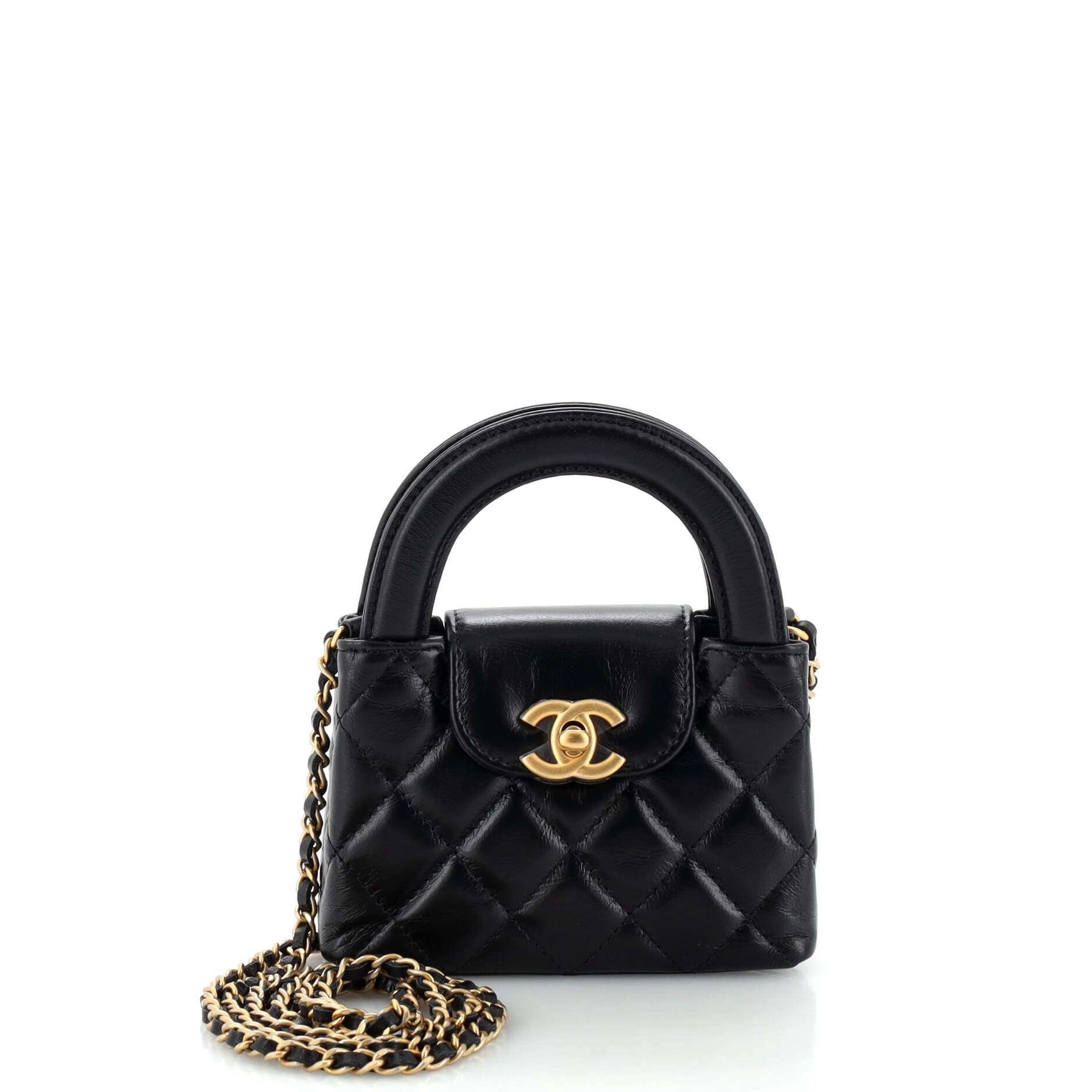 CHANEL Kelly Top Handle Clutch with Chain Quilted Shiny Aged Calfskin