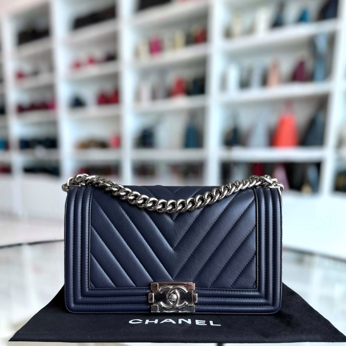 Chanel Boy Medium - 25CM Quilted Calfskin Dark Blue Silver Hardware Series 22