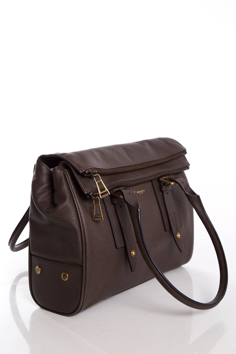 Belstaff Brown Grained Leather Dual Fold Zipper Top Handle Bag