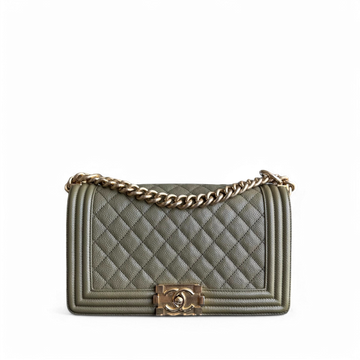 Chanel Boy Medium - Caviar 25CM Quilted Green Gold Hardware