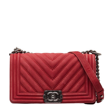 Chanel Boy Suede Chain Shoulder Bag Red Silver