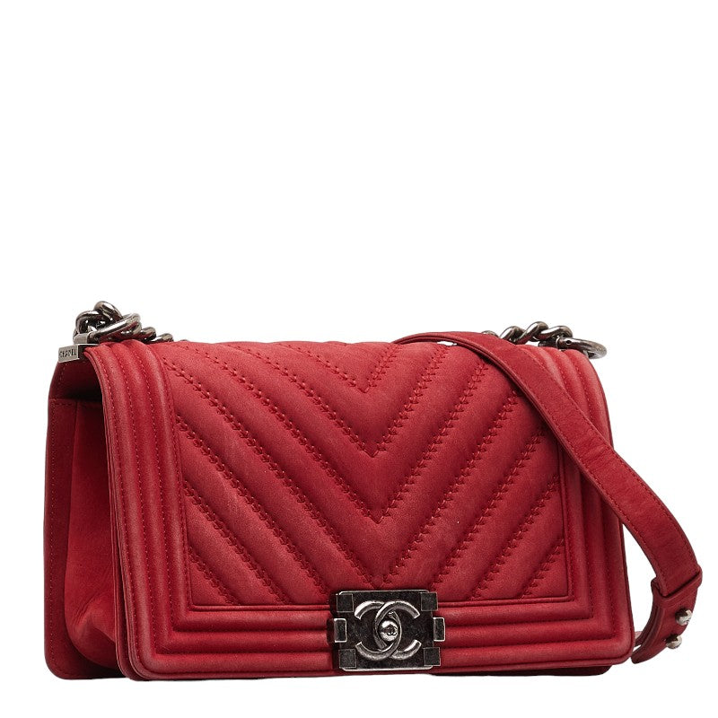 Chanel Boy Suede Chain Shoulder Bag Red Silver