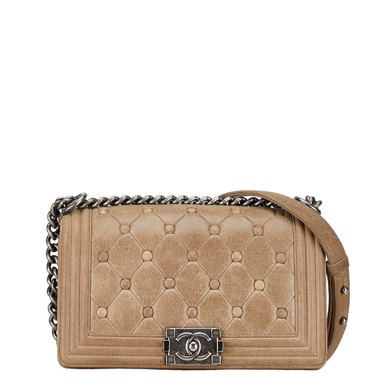 Chanel Boy Chain Shoulder Bag Beige Leather
