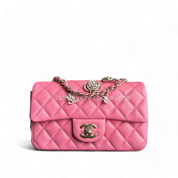 Mini Classic Flap Rectangle Valentine Quilted Lambskin Pink Golden Hardware Sereis 19
