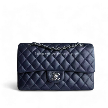 Caviar Medium Classic Flap Quilted Dark Blue Silver Hardware Series 18