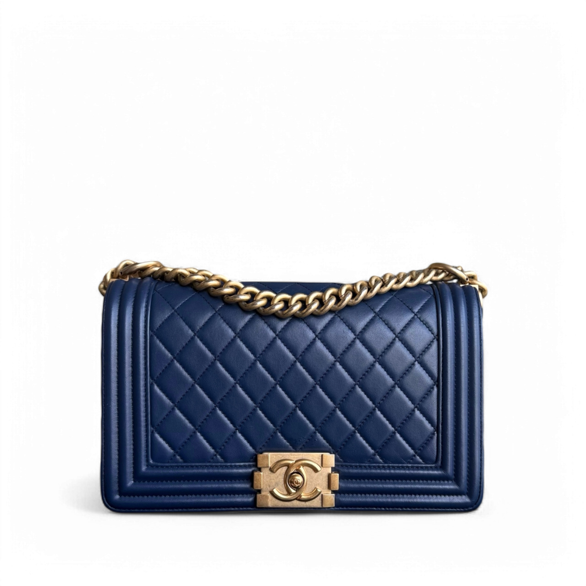 Chanel Boy Medium - 25CM Quilted Lambskin Dark Blue Gold Hardware Series 24