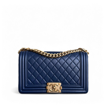 Chanel Boy Medium - 25CM Quilted Lambskin Dark Blue Gold Hardware Series 24