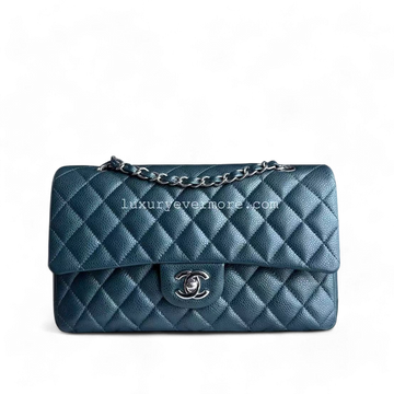 Caviar Medium Classic Flap Quilted Dark Blue Green Silver Hardware Series 20
