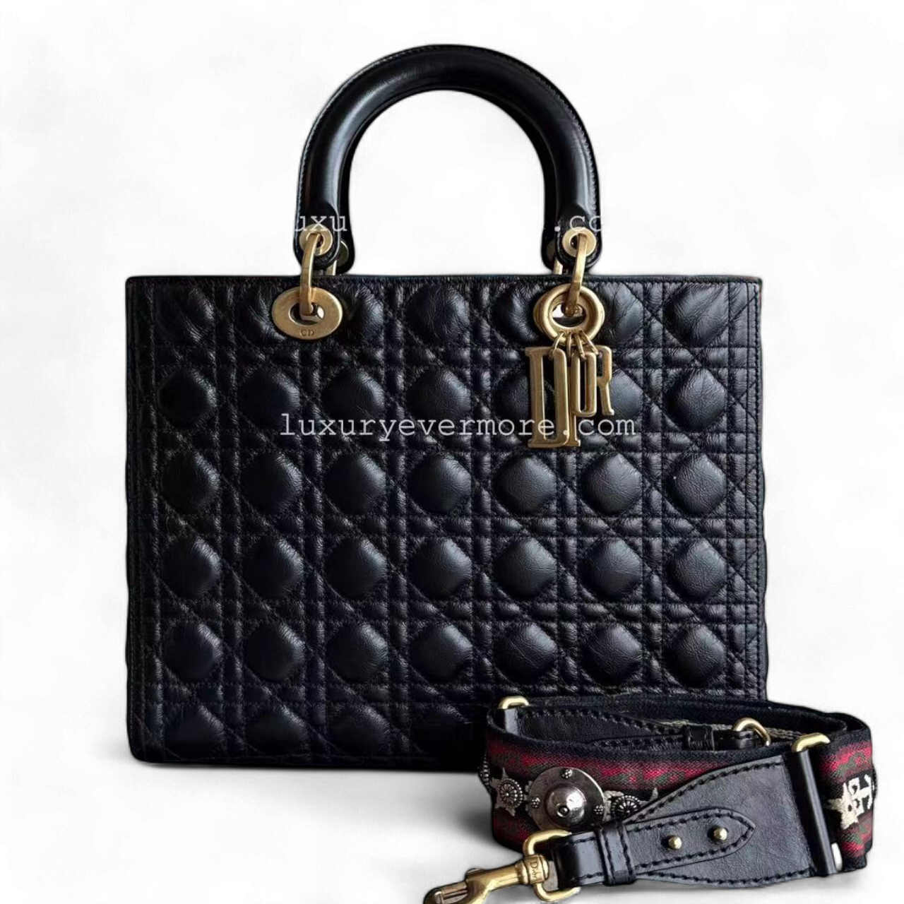 *Flap, Calfskin* Dior Lady Large - Cannage Calfskin Black Golden Hardware