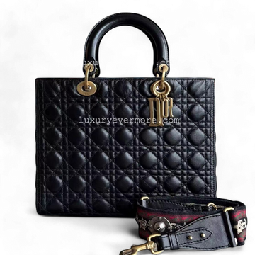*Flap, Calfskin* Dior Lady Large - Cannage Calfskin Black Golden Hardware