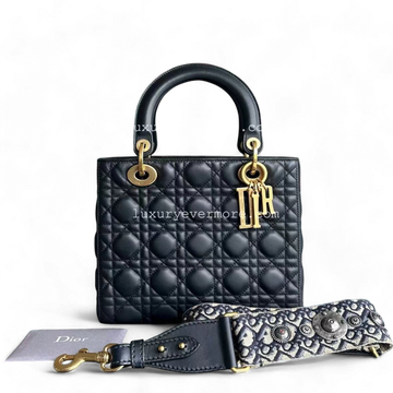 *Calfskin, Flap, With Strap* Dior Lady Medium - Calfskin Cannage Calfskin Dark Blue Golden Hardware