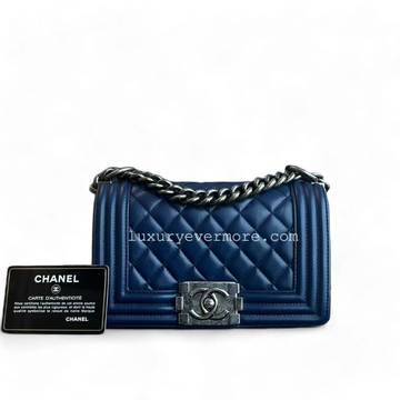 Chanel Boy Small - Quilted Lambskin Dark Blue Ruthenium Silver Hardware Series 21
