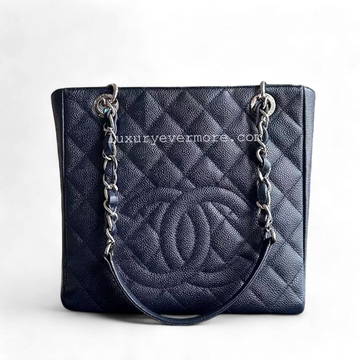 PST Petite Shopping Tote Caviar Quilted Dark Blue Silver Hardware Series 18