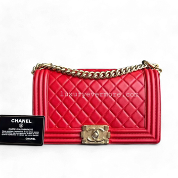Le Boy Old Medium 25CM Quilted Lambskin Red Leboy Golden Hardware Series 21