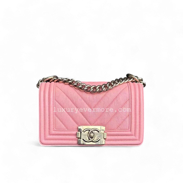 Chanel Boy Small - Caviar Chevron Calfskin Sakura Pink Golden Hardware Series 27